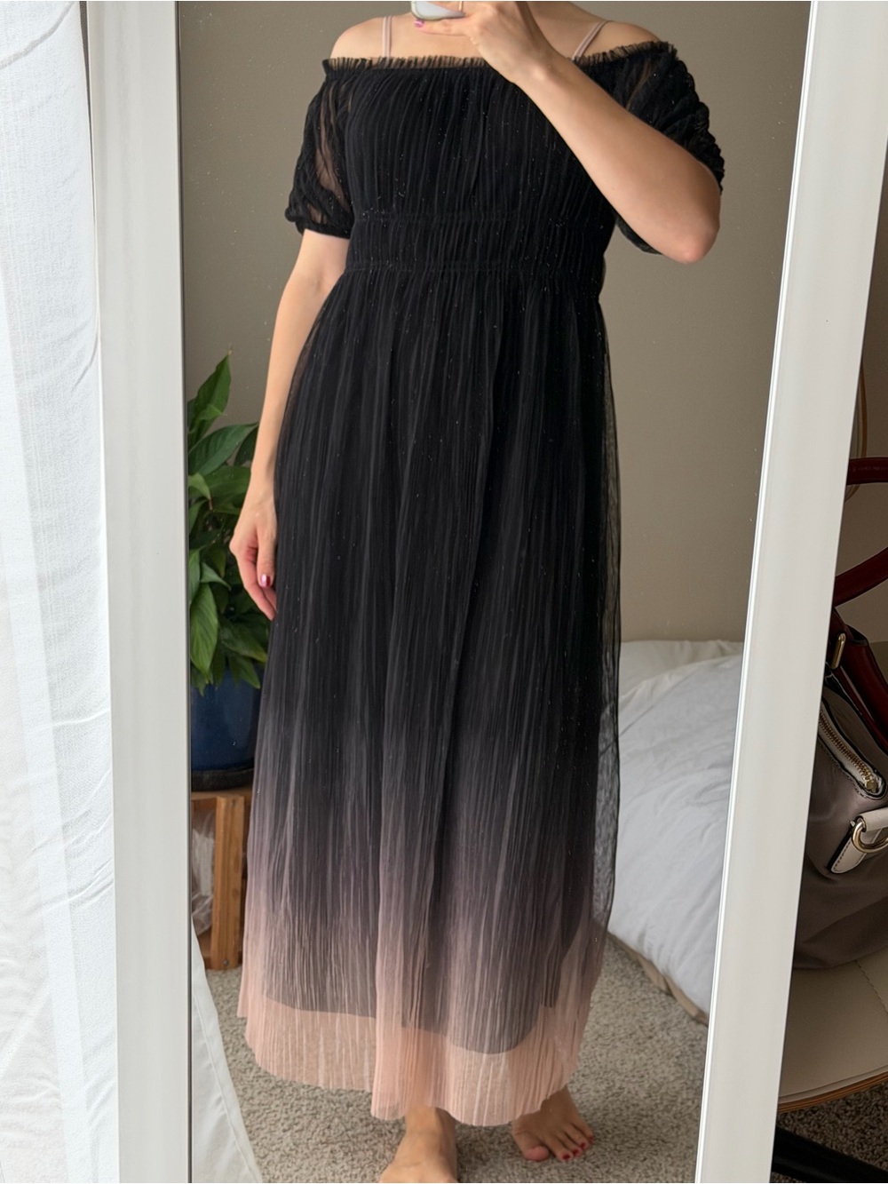 Free People Black Pink Off Shoulder Smocked Pleated Mesh Maxi Dress Women M